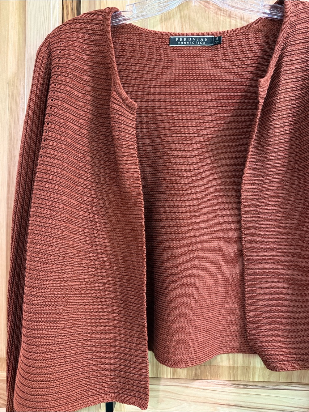 Peruvian Connection Rust Ribbed Open-Front Cropped Women's Cardigan Sweater Sz S - Picture 2 of 8